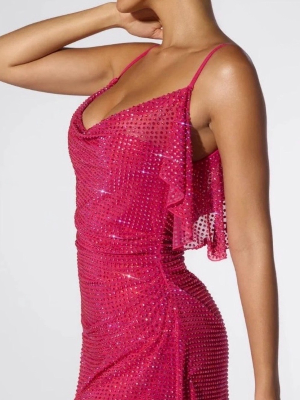 Oh Polly Hot Pink Embellished Cowl Slip Dress